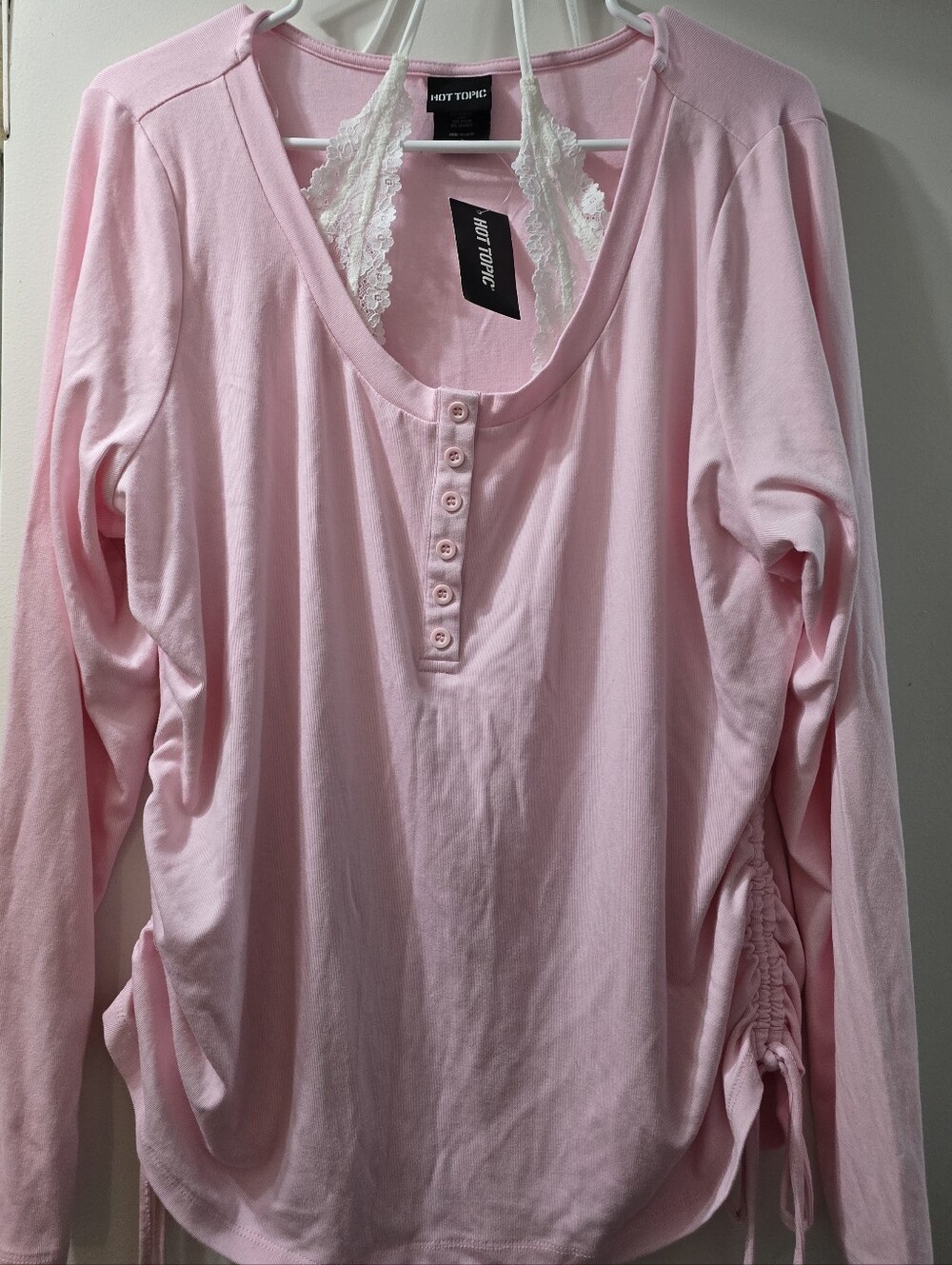 Hot Topic Light Pink Henley with Lace Bralette Detail
